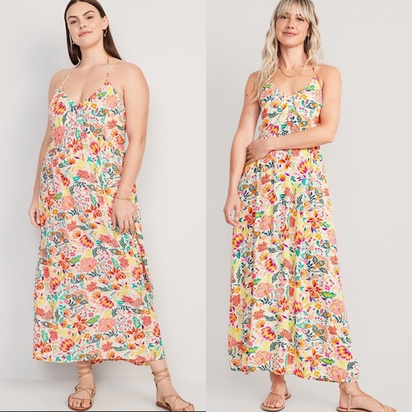 Old Navy Dresses & Skirts - Old Navy Fit And Flare Crinkled‎ Halter Maxi Dress Floral Print Womens Size XXL